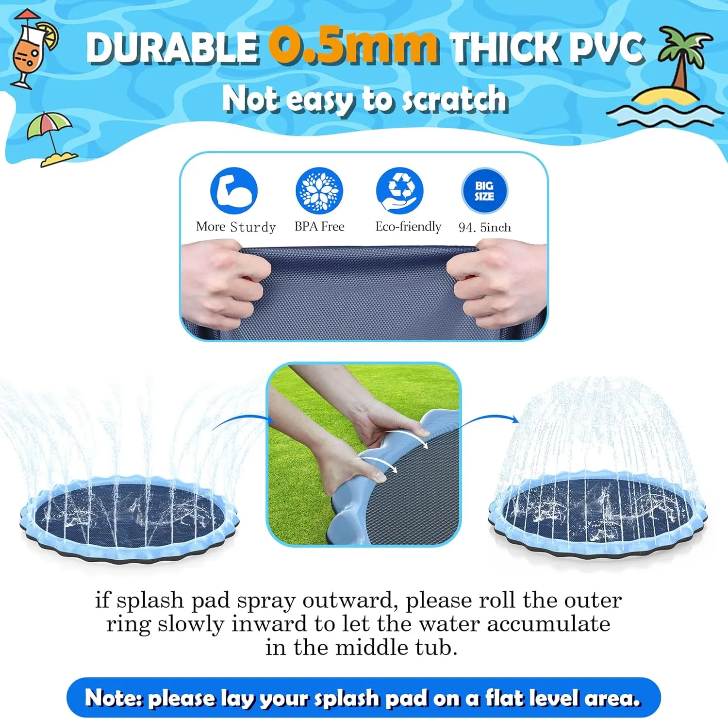 Splash Pad, Hyperzoo 95" Extra Large Sprinkler Splash Pad for Kids and Dogs, Non-Slip Thickened Sprinkler Pad Pool Summer Outdoor Water Toys for Baby Toddler Boys Girls 3-12 Years Blue