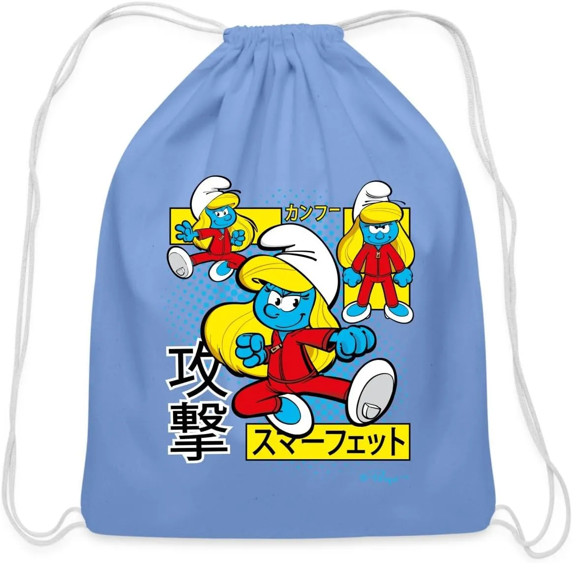 Spreadshirt The Smurfs Japanese Action Smurfette - Dynamic Poses Design Cotton Drawstring Bag, One Size, carolina blue