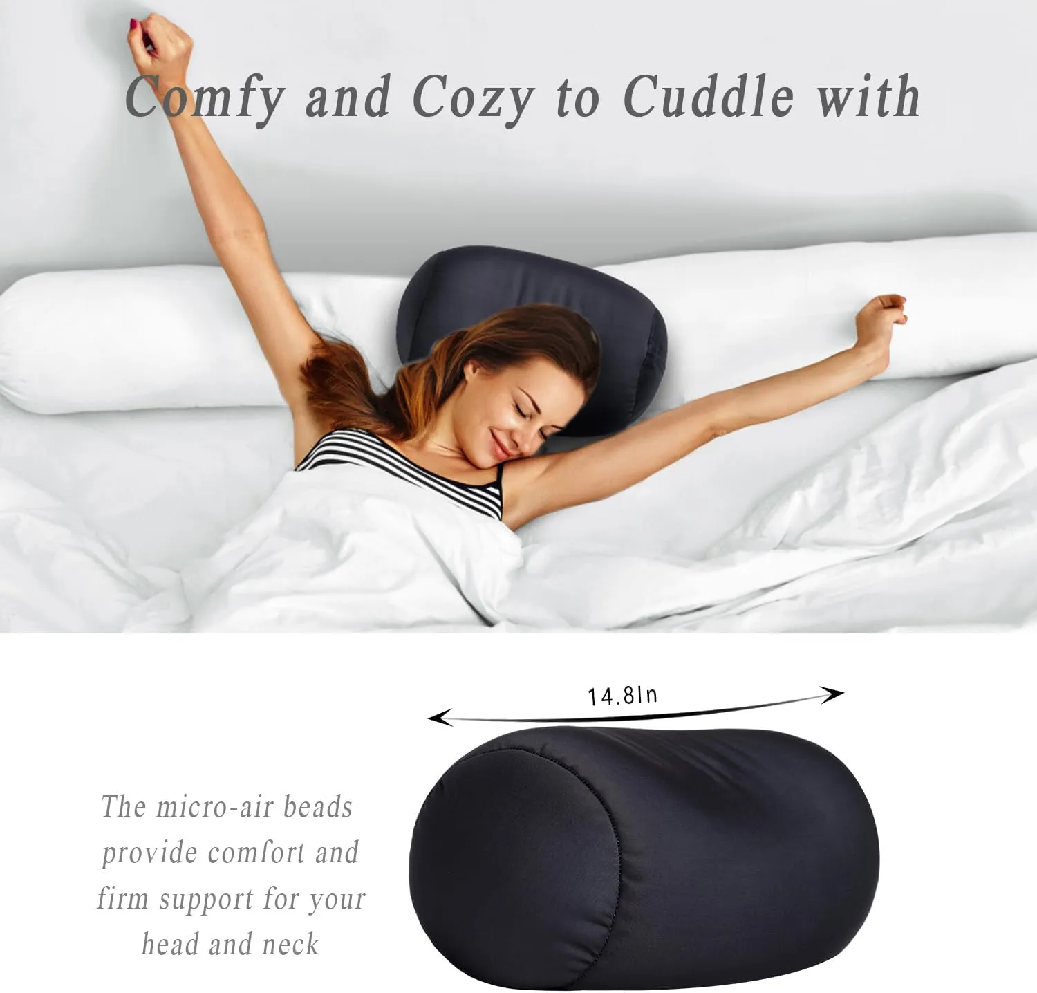 Squishy Microbead Neck Pillow, 7Inch x 12Inch Soft Travel Body Bed Pillow Bean Pillow for Kids Adult Chair Sleeping Car Seat, Fun Dormroom (Black)