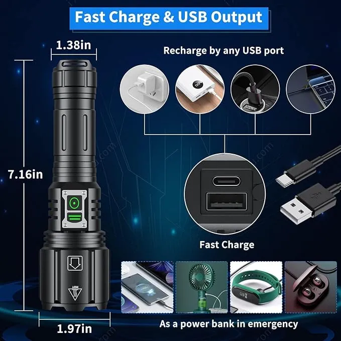 Super Bright Rechargeable Flashlight 1200000 High Lumens,Led Powerful Flashlights with 6 Modes,High Powered Flashlight with IP67 Waterproof,Tactical Emergency Flashlight (18.5, Watt Hours) (Tactical)