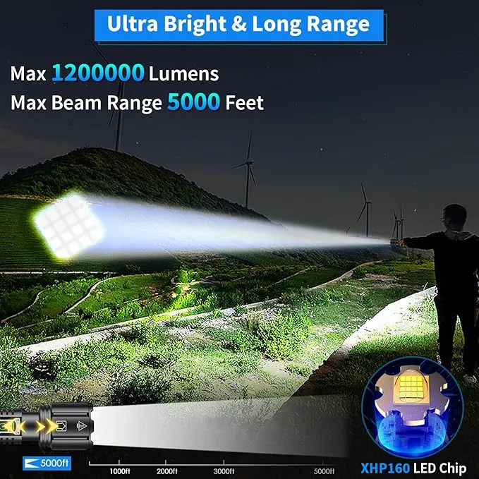 Super Bright Rechargeable Flashlight 1200000 High Lumens,Led Powerful Flashlights with 6 Modes,High Powered Flashlight with IP67 Waterproof,Tactical Emergency Flashlight (18.5, Watt Hours) (Tactical)