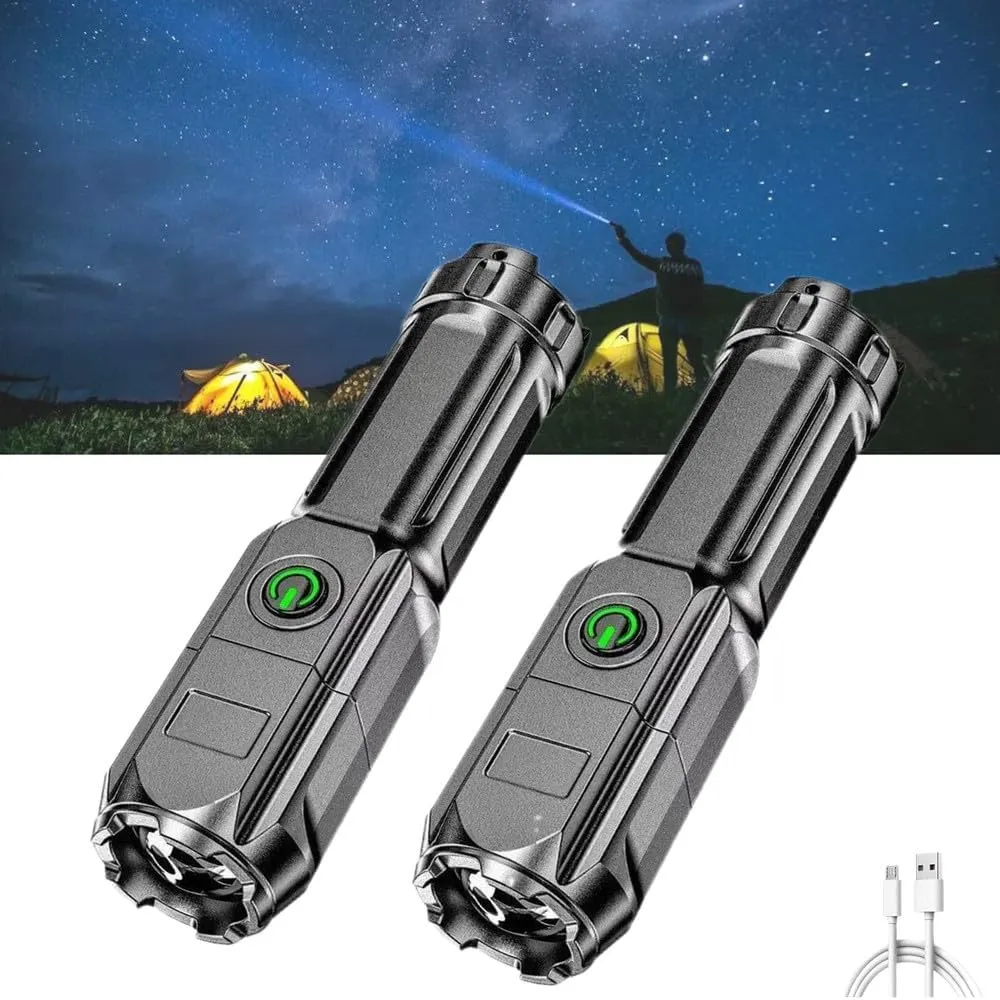 Super Bright Zoomable Flashlight, Portable, Multi-Functional, Rechargeable, Long Shot, ABS, Strong Light Dimming, Telescopic Zoom, for Outdoor Home Use (2 PCS)