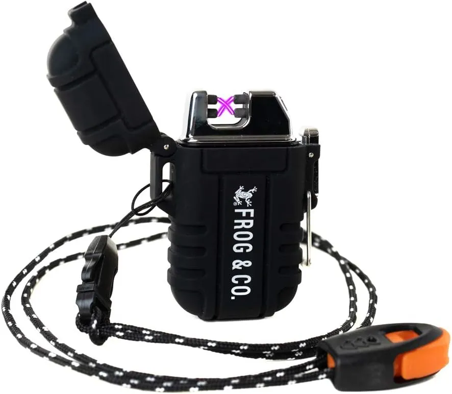 Survival Frog Tough Electric Lighter 2.0 - Waterproof & Windproof Lighters - Flameless Top-Facing Dual Arc Plasma, USB Rechargeable w/Built-in Flashlight, Camping, Survival Fire Starter (Black)