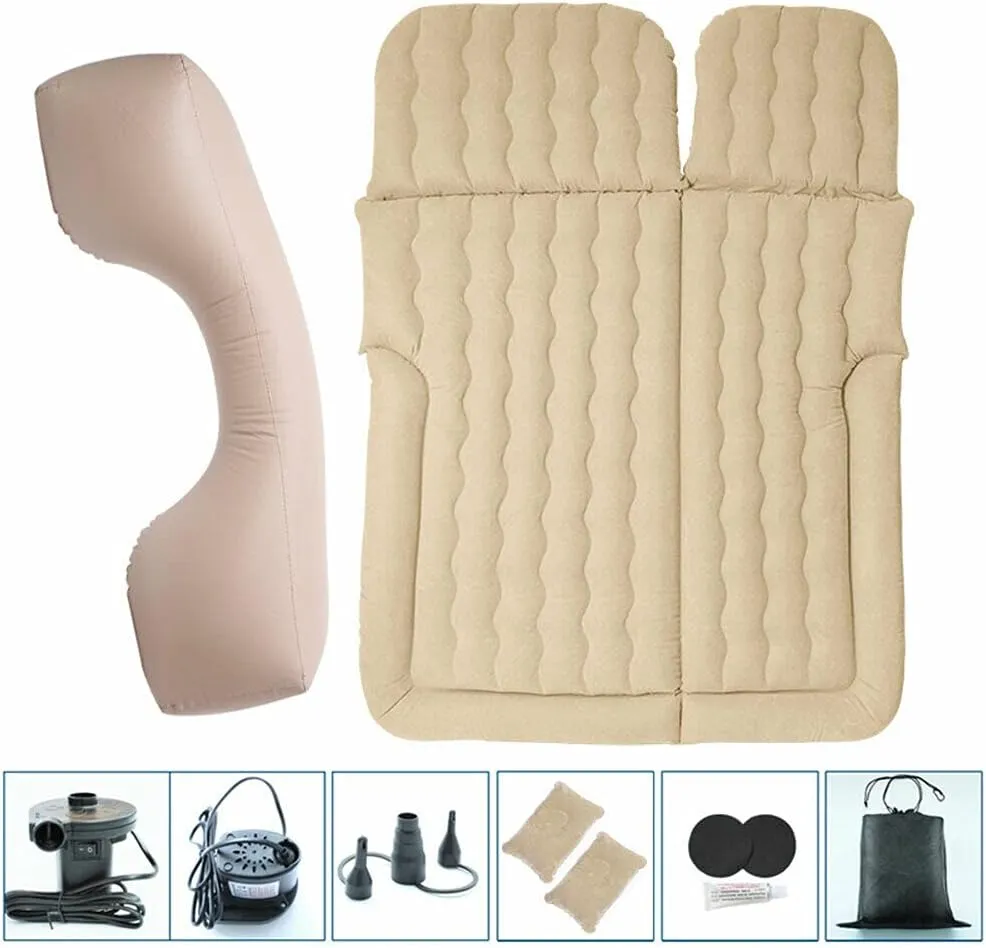 SUV Air Mattress Camping Bed with 2 Pcs Pillows, 68.9 * 51.2'' Inflatable Thickened Car Air Bed Travel Camping Bed with Air Pump Portable Sleeping Pad Mattress for Car Travel Camping (Beige)
