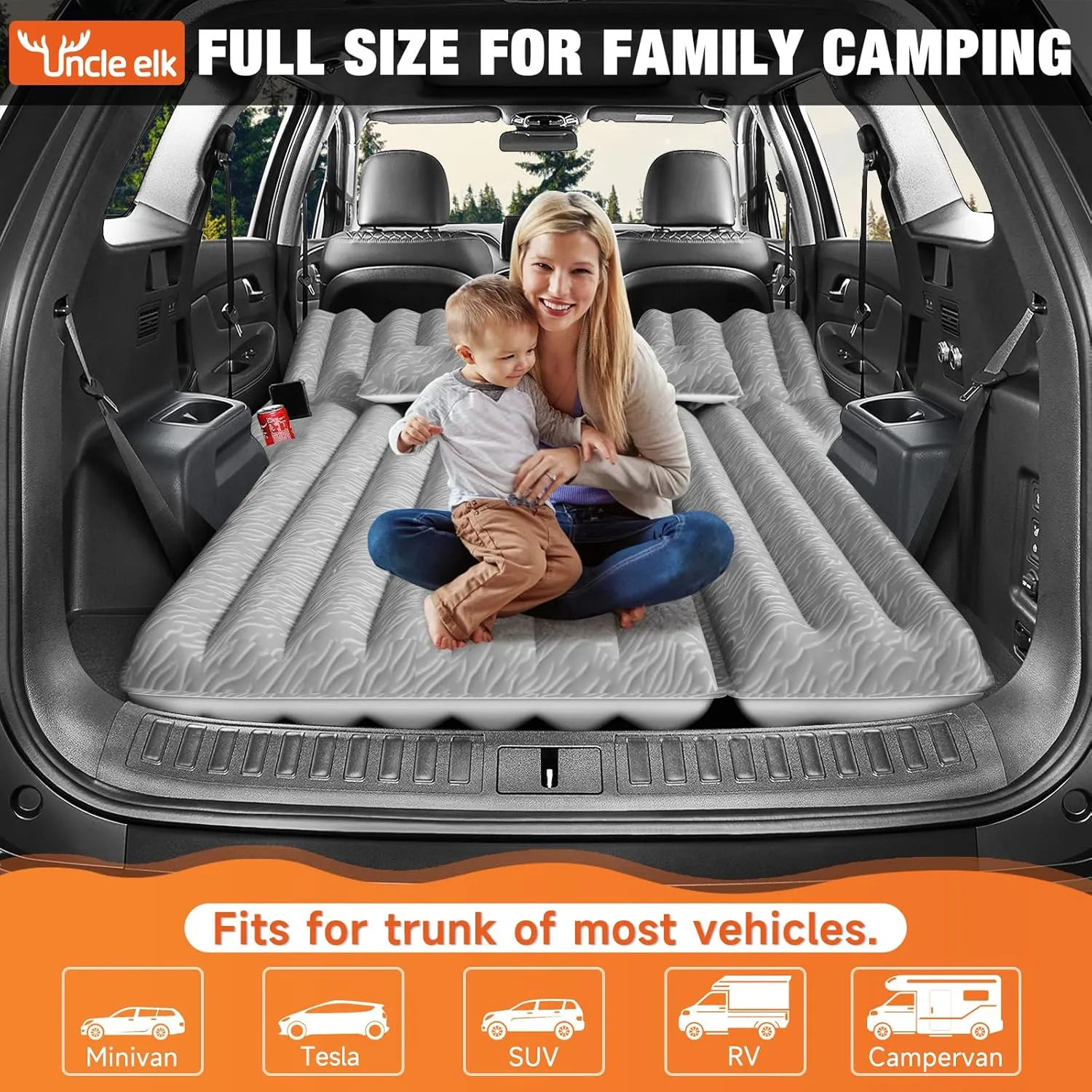 SUV Air Mattress: Inflatable Car Air Mattress for Camping, Flocking Car Bed with Air Pump & 2 Pillows, Portable Sleeping Pad Mattress for Home Car Travel Camping Grey