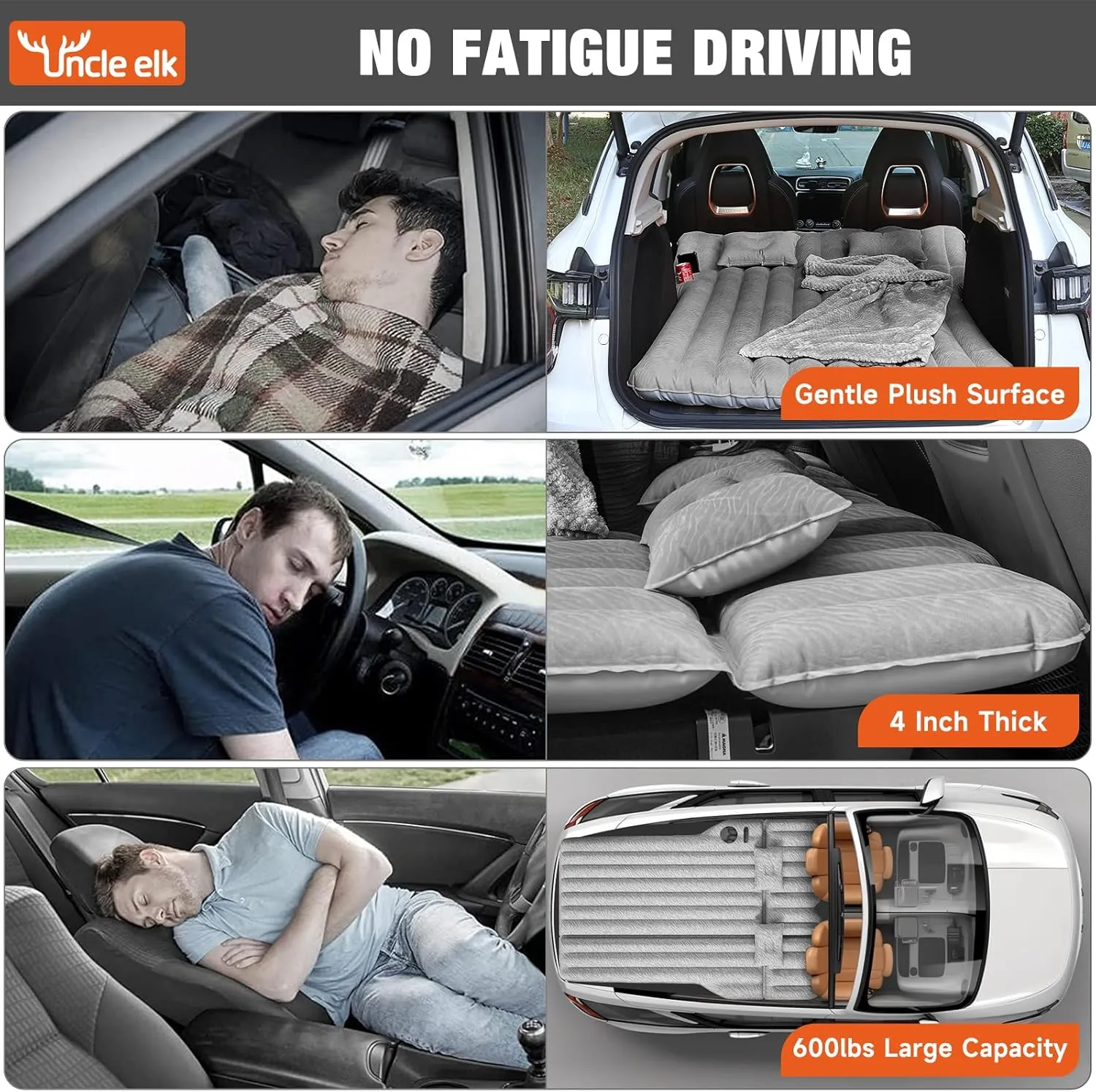 SUV Air Mattress: Inflatable Car Air Mattress for Camping, Flocking Car Bed with Air Pump & 2 Pillows, Portable Sleeping Pad Mattress for Home Car Travel Camping Grey