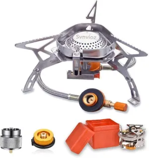 SVNVIOZ Camping Stove Windproof Backpacking Stove with Piezo Ignition, Plastic Storage Box, 2 Types Fuel Canister Adapters, Camping Gear Portable Stove for Outdoor Camping Hiking Cooking