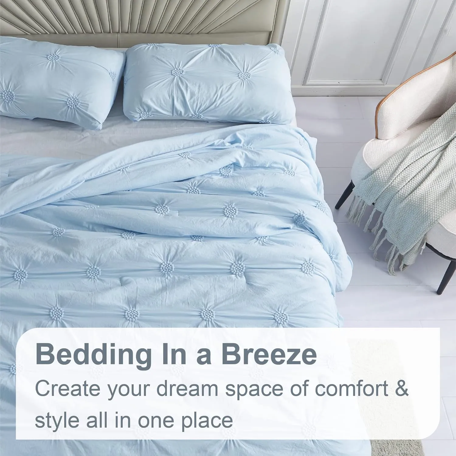 Swift Home King Baby Blue Comforter Set - Ruched 3D Floral Pintuck Bedding Set - 3 Pieces Bed Linen, 1 Comforter and 2 Pillow Shams
