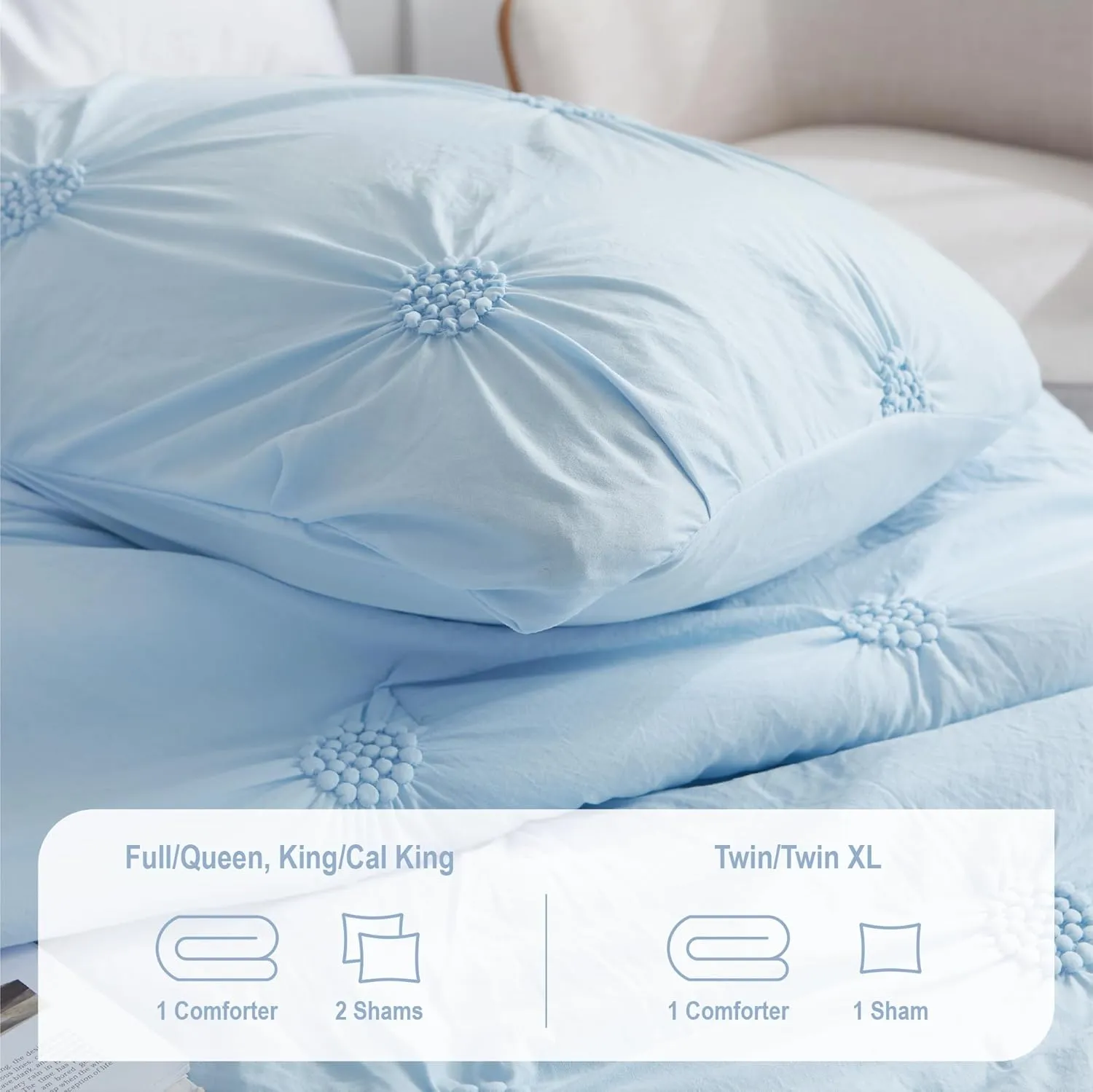 Swift Home Twin/Twin XL Baby Blue Comforter Set - Ruched 3D Floral Pintuck Bedding Set - 2 Pieces Bed Linen, 1 Comforter and 1 Pillow Sham