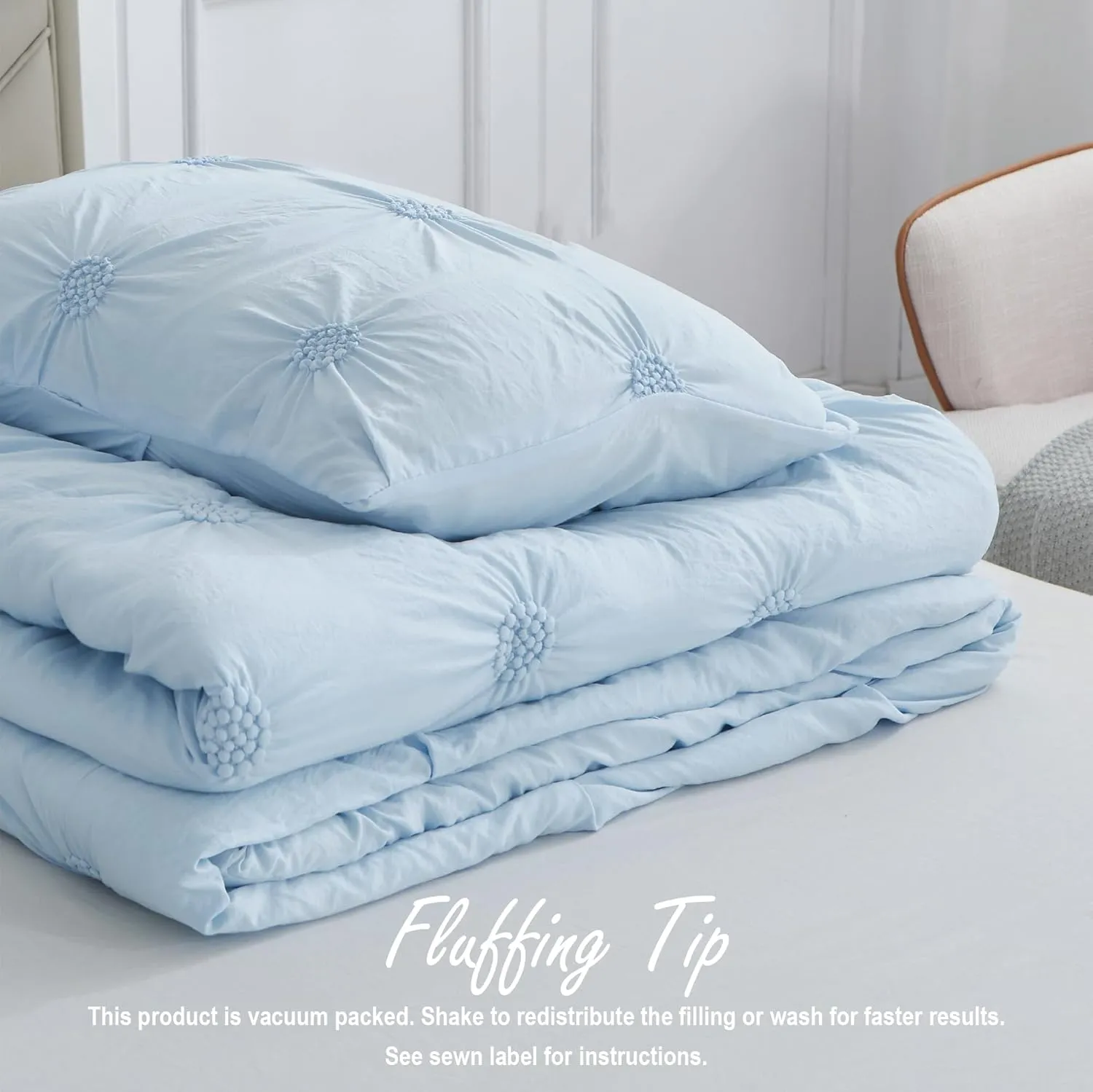 Swift Home Twin/Twin XL Baby Blue Comforter Set - Ruched 3D Floral Pintuck Bedding Set - 2 Pieces Bed Linen, 1 Comforter and 1 Pillow Sham