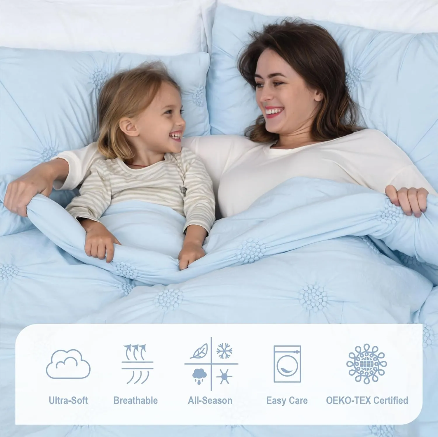 Swift Home Twin/Twin XL Baby Blue Comforter Set - Ruched 3D Floral Pintuck Bedding Set - 2 Pieces Bed Linen, 1 Comforter and 1 Pillow Sham