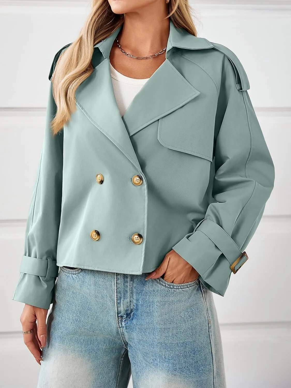 Tankaneo Womens Cropped Trench Coat Oversized Double Breasted Lapel Long Sleeve Short Jacket Fashion Outerwear
