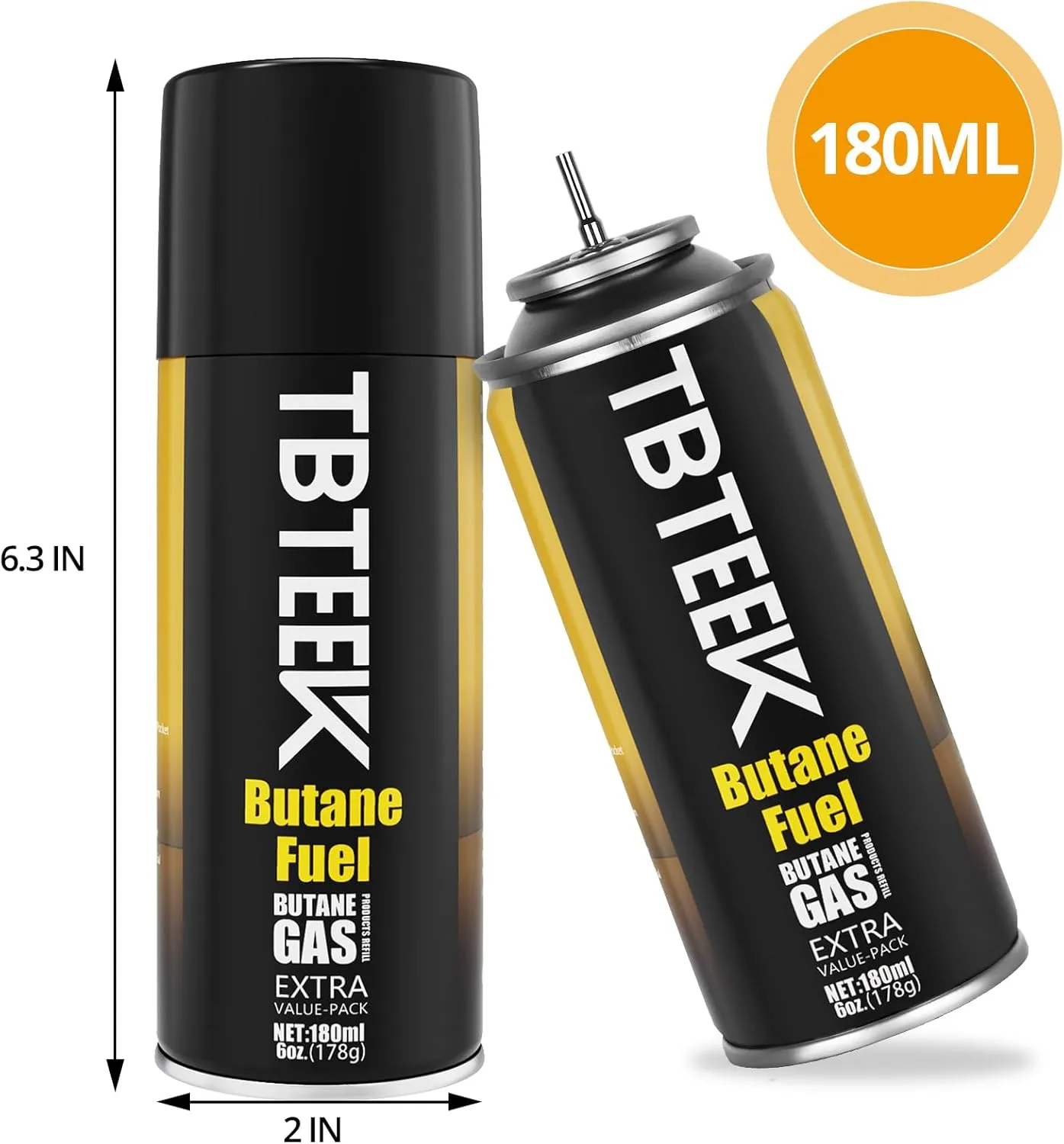 TBTeek Butane Fuel Refill, 180ml High Grade Butane Refill, Butane Fuel Canister for Universal Lighter, Torch Lighter, Kitchen Torch, Butane Torch (2 Can)