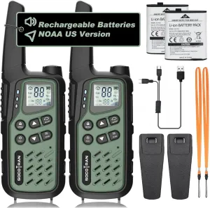 TH25 Rechargeable Walkie Talkies for Adults,2Pack FRS Walkie Talkies Rechargeable 3 Miles with Type-C Charging Cable,Flashlight,NOAA Two Way Radio for Outdoor,Family,Camping (Green)