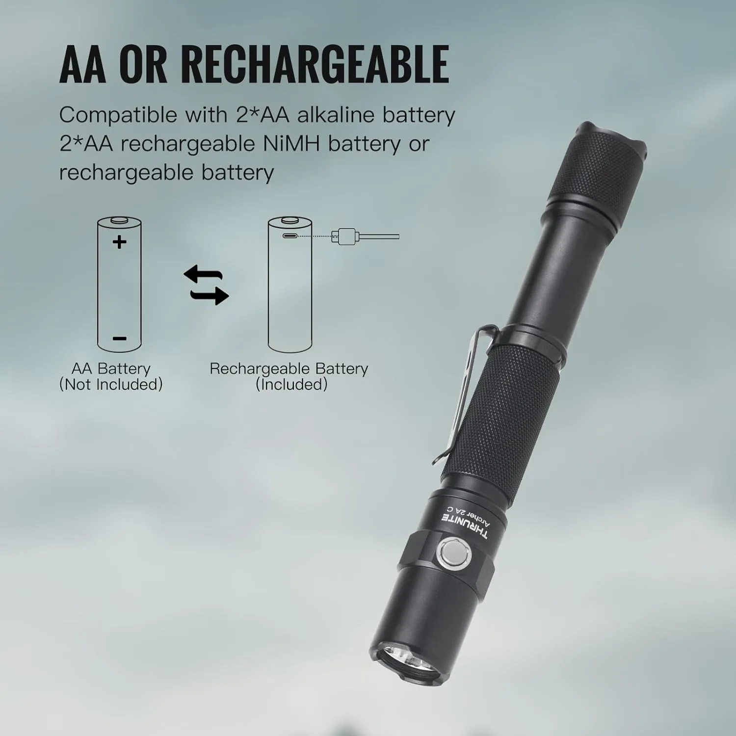 ThruNite Archer 2A C LED Rechargeable Flashlight, High 1000 Lumens AA Flashlight with Lanyard, IPX8 Waterproof Dual Switch Small Outdoor Light for Hiking, Camping, Everyday Use, EDC - CW