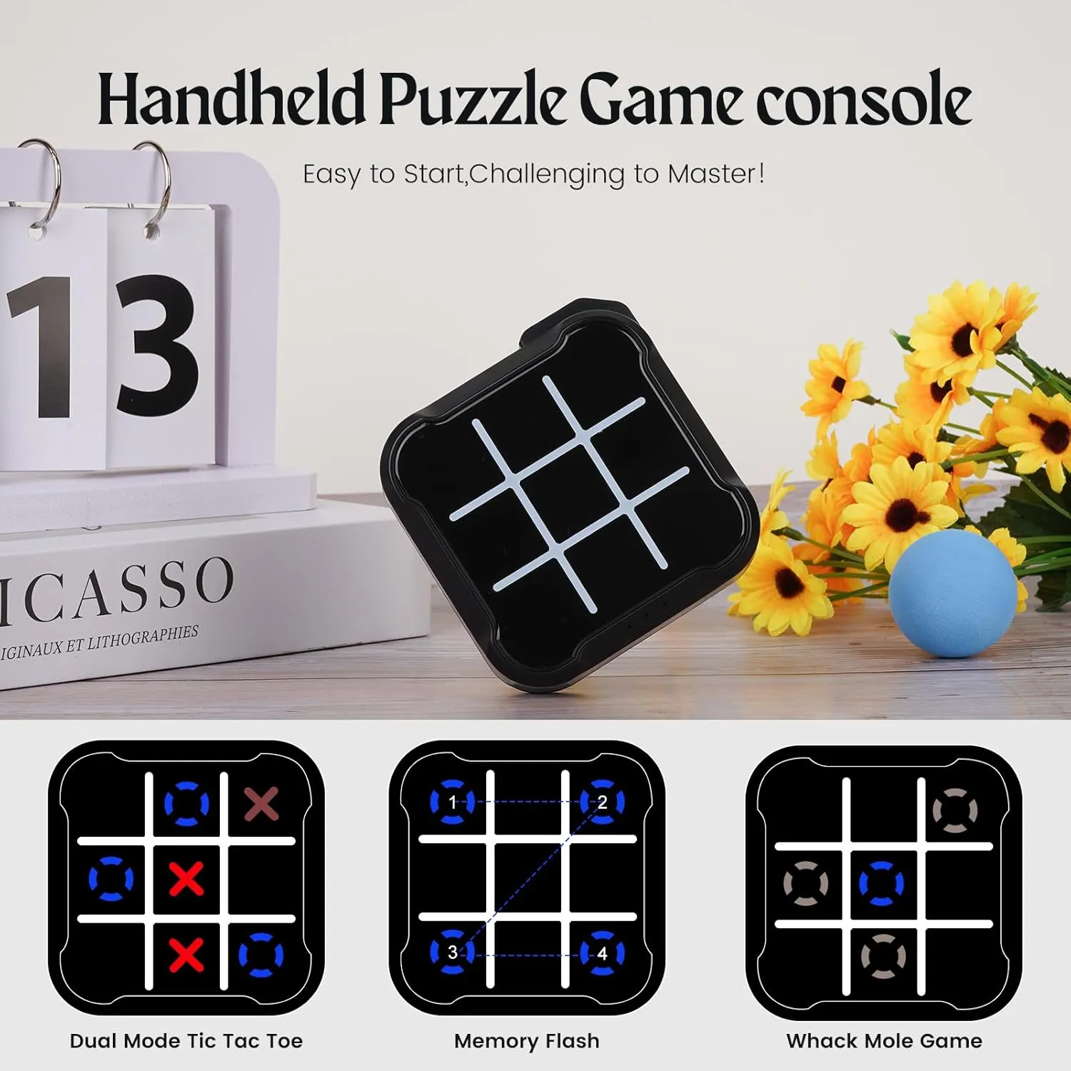 Tic Tac Toe Game, 4 in 1 Handheld Educational Game Machine, Electronic Tic Tac Toe Game for Education and Memory Growth, Home, Toy Board Game for Kids and Adults (Black)