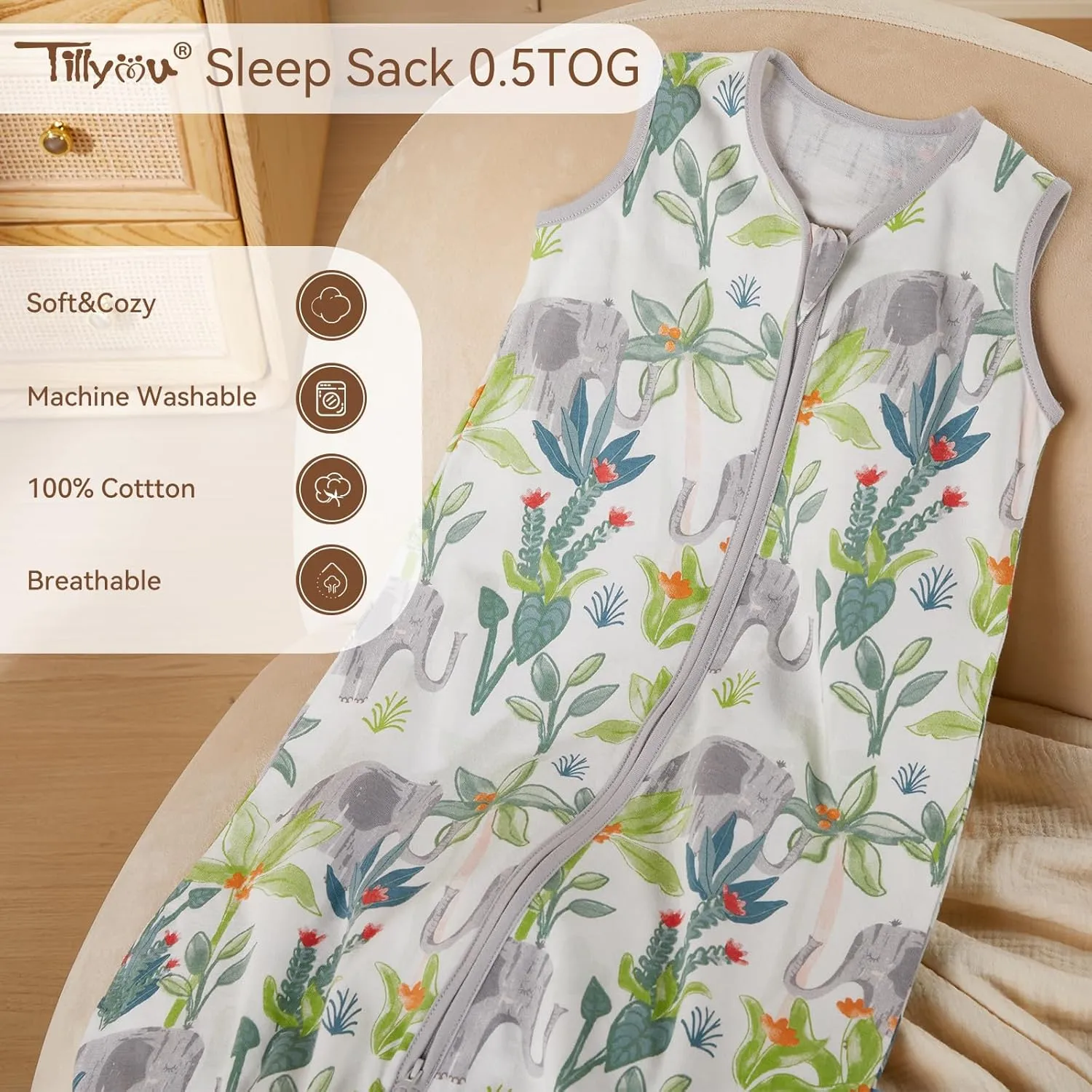 TILLYOU Toddler Sleep Sack 18-24 Months 3 Pack, 0.5 Tog Soft Cotton Wearable Blanket for Baby with Double Zipper, Rainforest Elephant