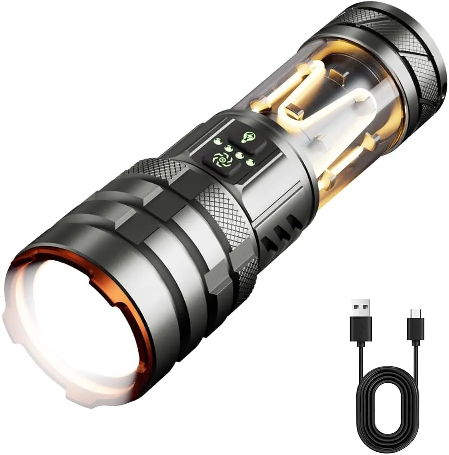 Torches LED Super Bright 5000 High Lumen, Rechargeable Torch with Camping Light, Zoomable, 11 Light Modes, Long Battery Life, Waterproof Powerful Tactical Torch for Camping, Dog Walking, Emergency