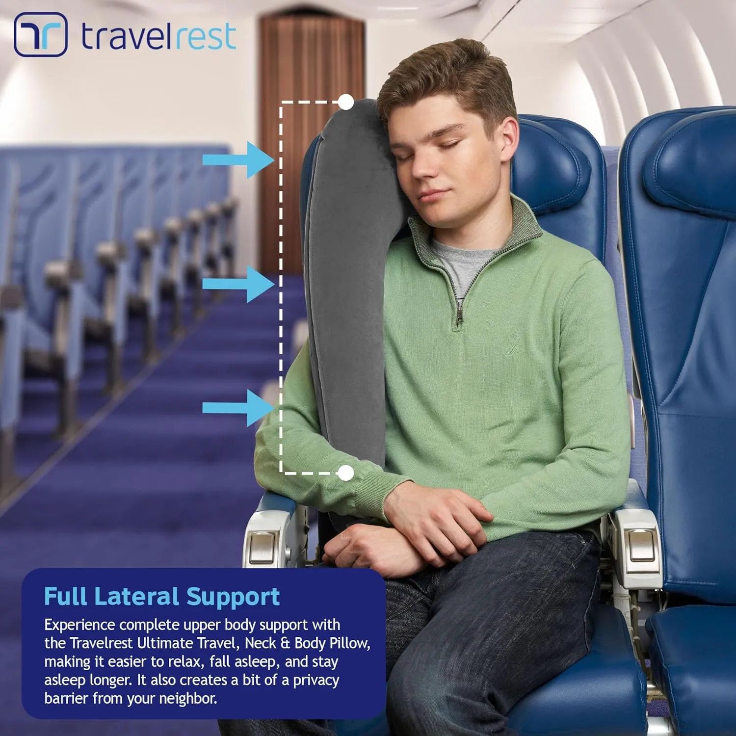 TRAVELREST Ultimate Travel Pillow & Body Pillow - Headrest, Auto, Bus, Train, Office Napping, Camping, Wheelchairs, Comfort and Support, Rolls Up, Straps to Airplane Seat & Car - Grey