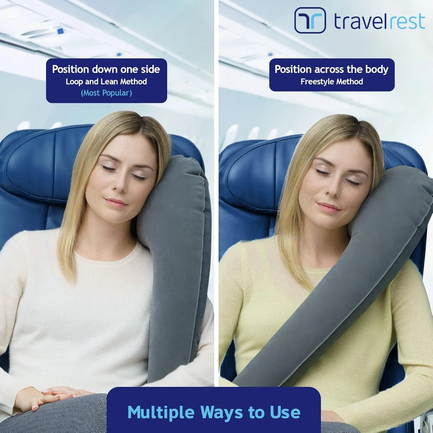 TRAVELREST Ultimate Travel Pillow & Body Pillow - Headrest, Auto, Bus, Train, Office Napping, Camping, Wheelchairs, Comfort and Support, Rolls Up, Straps to Airplane Seat & Car - Grey