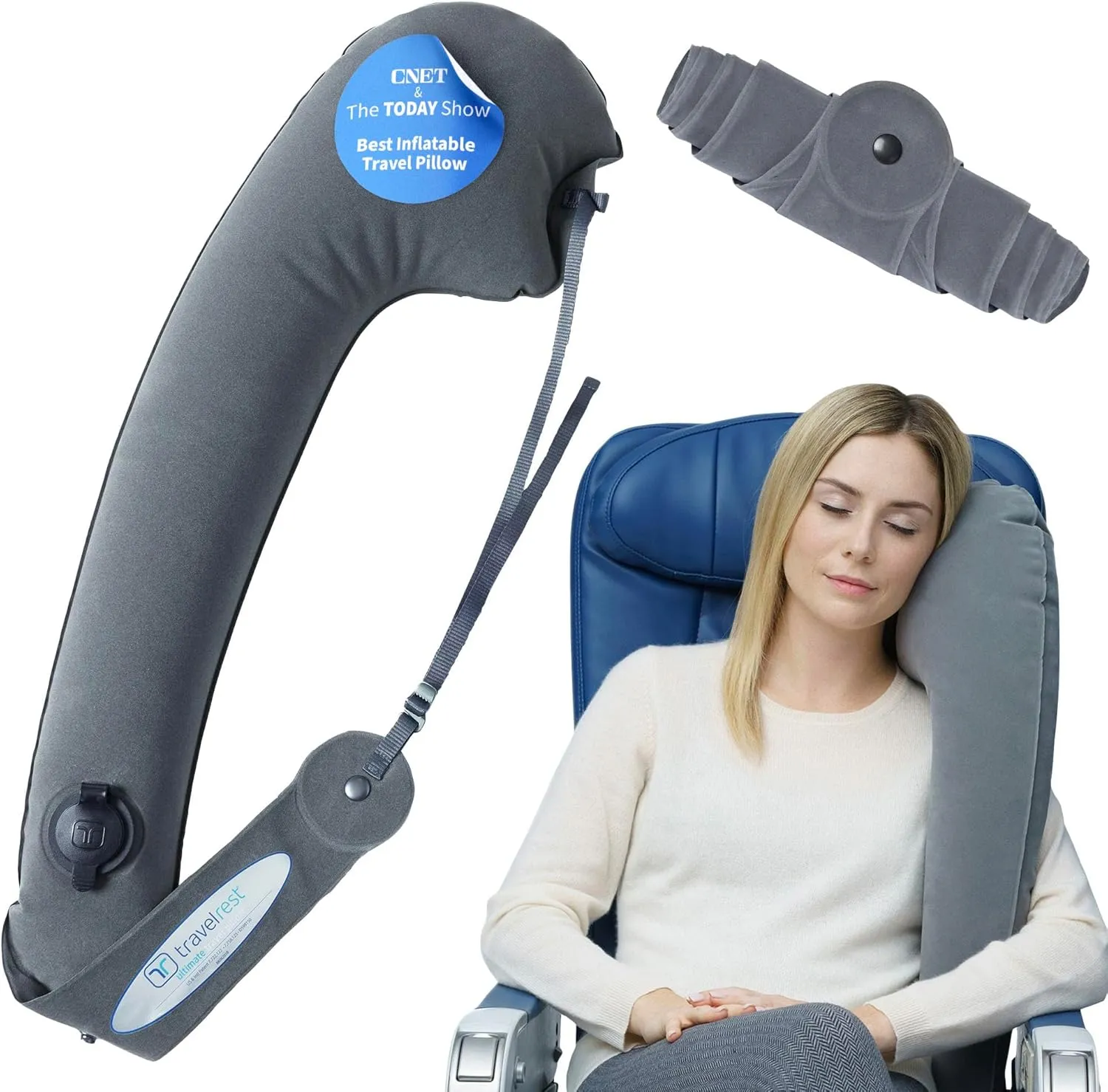 TRAVELREST Ultimate Travel Pillow & Body Pillow - Headrest, Auto, Bus, Train, Office Napping, Camping, Wheelchairs, Comfort and Support, Rolls Up, Straps to Airplane Seat & Car - Grey