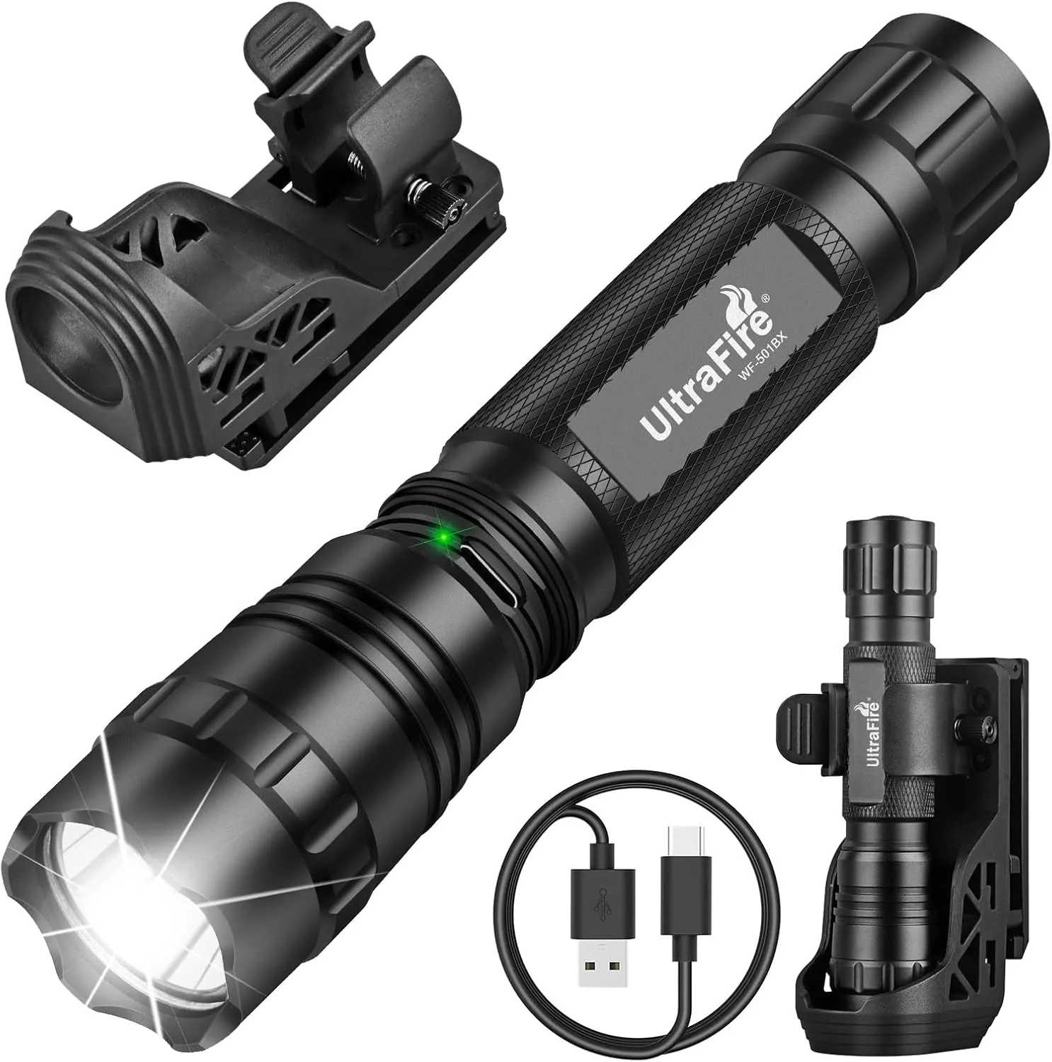 ULTRAFIRE Tactical Flashlight with Duty Belt Holster, 1000 Lumen Rechargeable Police Flashlight for Law Enforcement, 3-Mode Security LED Flashlight with Belt Holder WF-501BX