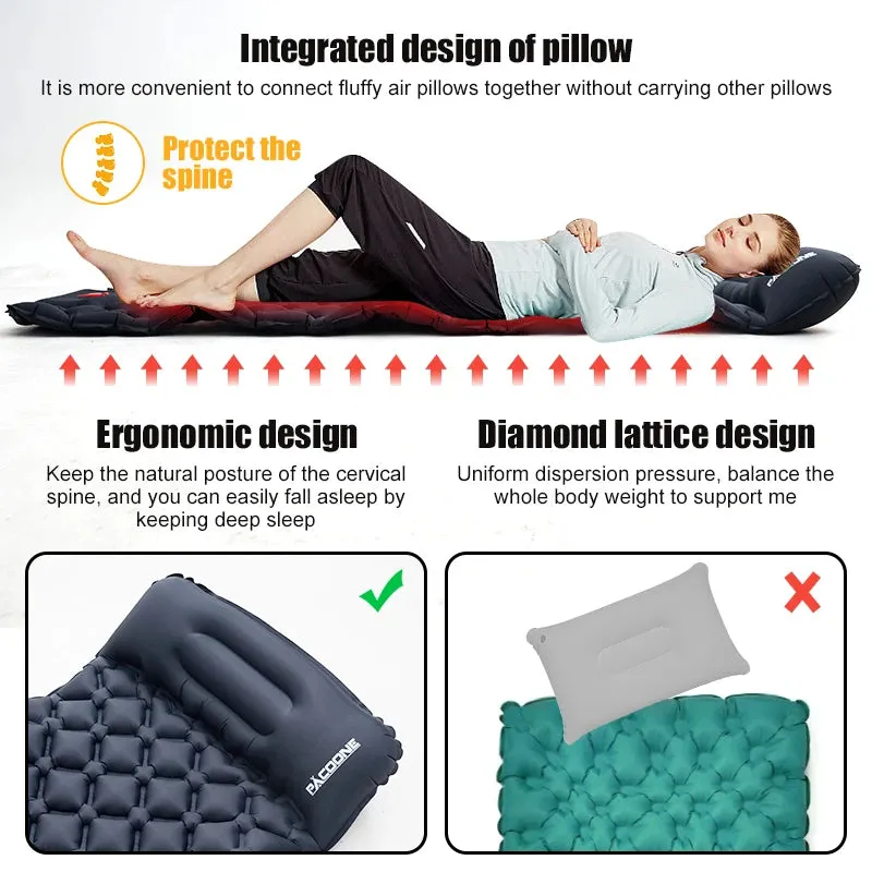 Ultralight Inflatable Camping Sleeping Pad with Pillow - Portable Air Mattress with Built-in Pump for Hiking and Travel