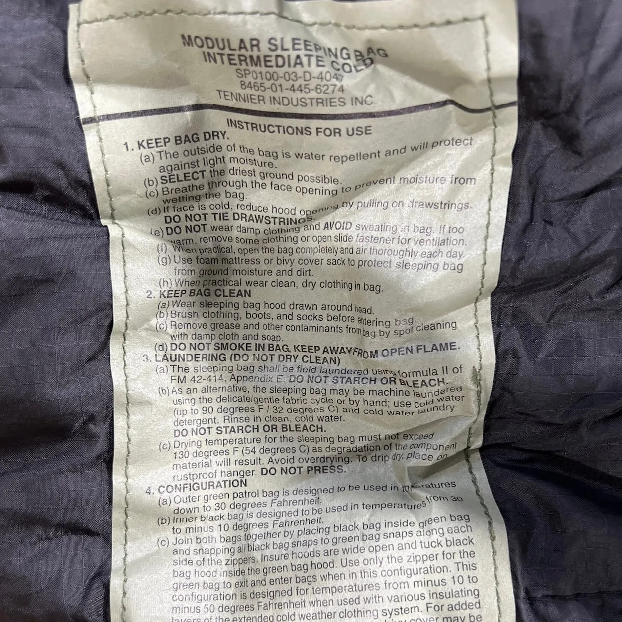 US Military Black Sleeping Bag Intermediate Cold Weather Mummy Style