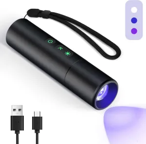 UV Flashlight, Portable Black Light 2000mAh Rechargeable Flashlight, 365nm, 395nm, 7000K 3-in-1 LED Light Zoomable, for UV Resin Curing, Pet Urine Detector, Fluorescent Detection, Outdoor