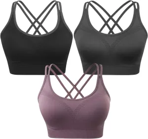 VEQKING Strappy Womens Sports Bra Cross Back for Running Removable Padded Workout Yoga Bras Pack Gifts