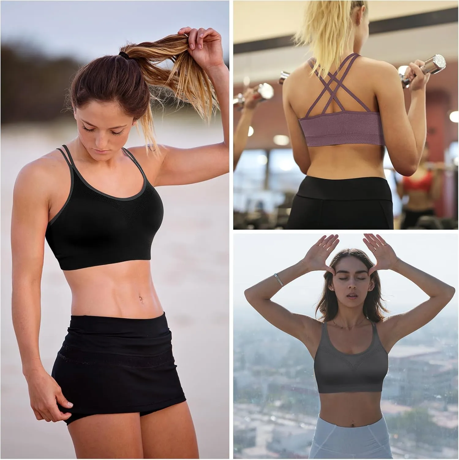 VEQKING Strappy Womens Sports Bra Cross Back for Running Removable Padded Workout Yoga Bras Pack Gifts