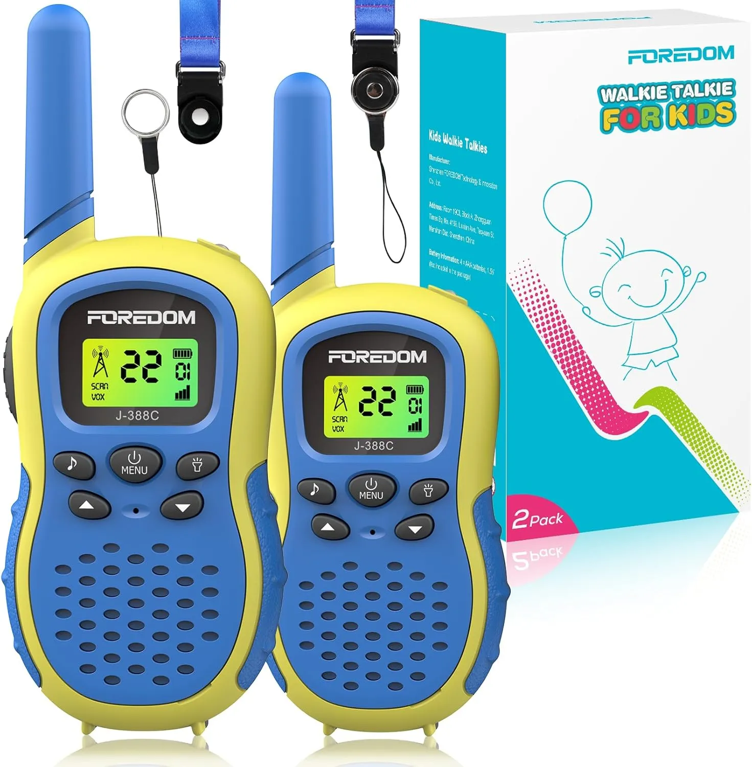Walkie Talkies for Kids, Kids Walkie Talkies 2 Pack Long Range with Flashlight, 2 Way Radio 22CH with Adjustable Lanyards, Toys for 3-12 Year Old Boys & Girls, Camping, Birthday Gifts, Blue