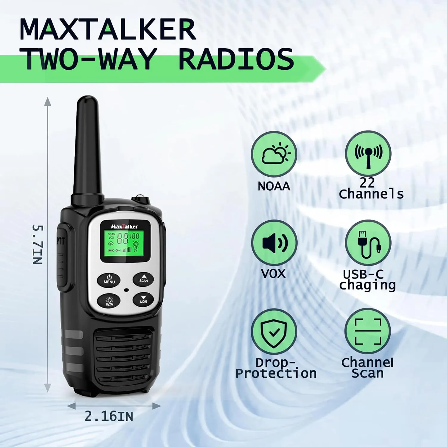 Walkie Talkies Long Range for Adult, MT10 Rechargeable Walkie Talkies FRS Two Way Radio, NOAA, 1200mAh Li-ion Battery USB-C Cable, LED Flashlight,VOX Walkie Talkie for Camping 2Pack (Silver)