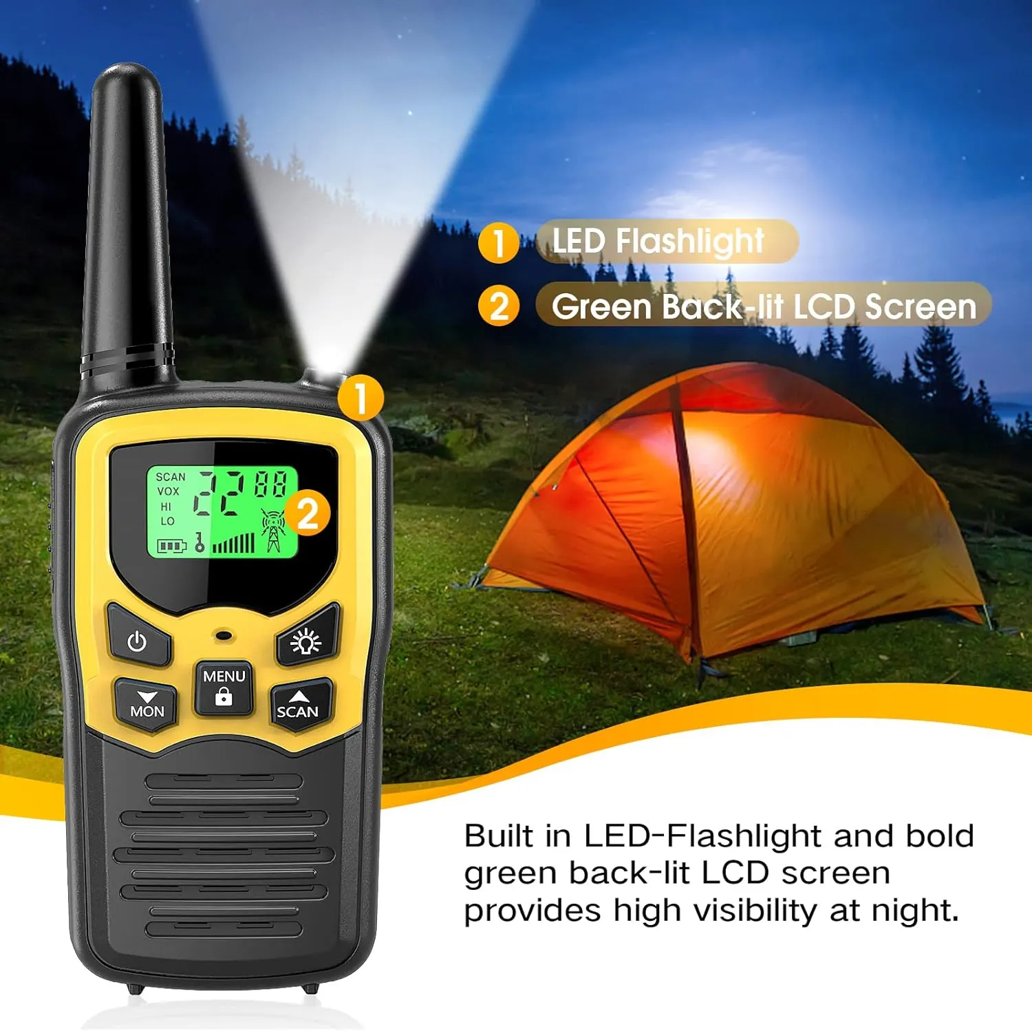 Walkie Talkies,MOICO Long Range Walkie Talkies for Adults Two-Way Radios with 22 Channels FRS VOX Scan LCD Display with LED Flashlight for Field, Survival Biking Hiking Camping 2 Pack (Yellow2)