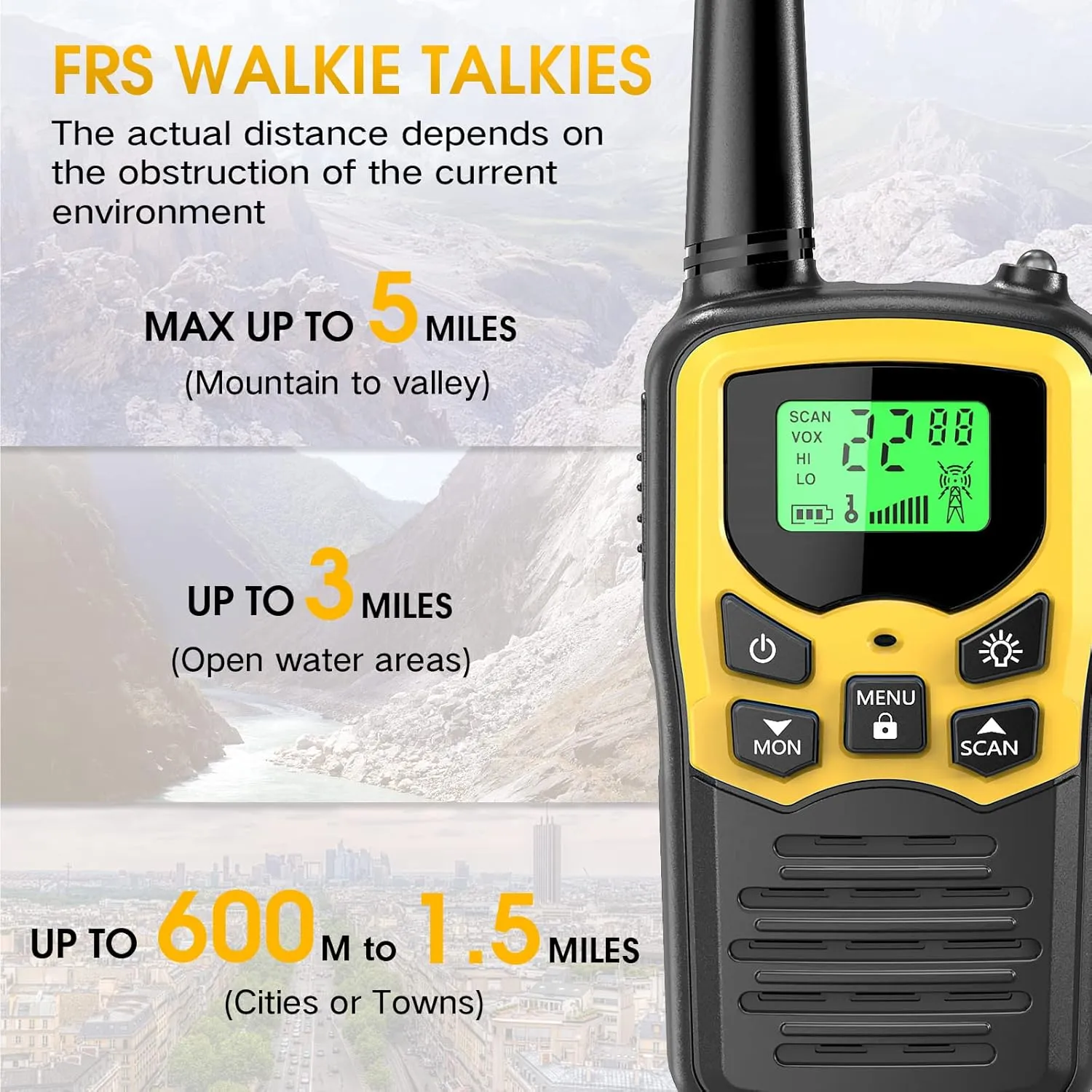 Walkie Talkies,MOICO Long Range Walkie Talkies for Adults Two-Way Radios with 22 Channels FRS VOX Scan LCD Display with LED Flashlight for Field, Survival Biking Hiking Camping 2 Pack (Yellow2)