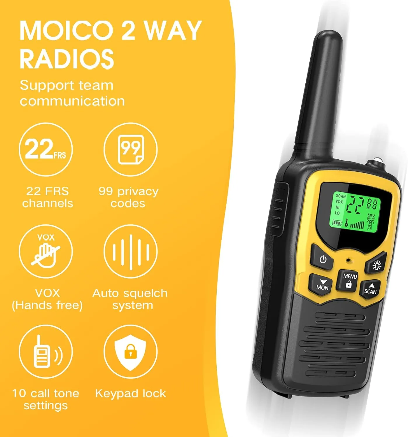 Walkie Talkies,MOICO Long Range Walkie Talkies for Adults Two-Way Radios with 22 Channels FRS VOX Scan LCD Display with LED Flashlight for Field, Survival Biking Hiking Camping 2 Pack (Yellow2)