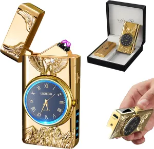 Watch Lighter, Electric Lighter, Dual Arc Plasma Lighter, USB Lighter Rechargeable with Battery Display, Cool Lighter with Clock & Flashlight, Unique Gift for Men and Women (Eagle Gold)