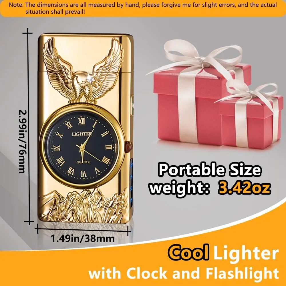 Watch Lighter, Electric Lighter, Dual Arc Plasma Lighter, USB Lighter Rechargeable with Battery Display, Cool Lighter with Clock & Flashlight, Unique Gift for Men and Women (Eagle Gold)
