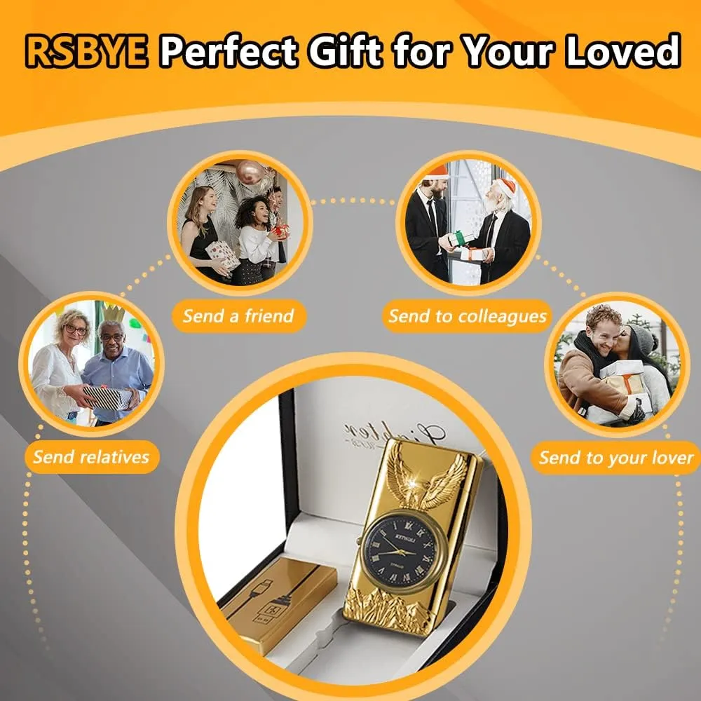 Watch Lighter, Electric Lighter, Dual Arc Plasma Lighter, USB Lighter Rechargeable with Battery Display, Cool Lighter with Clock & Flashlight, Unique Gift for Men and Women (Eagle Gold)
