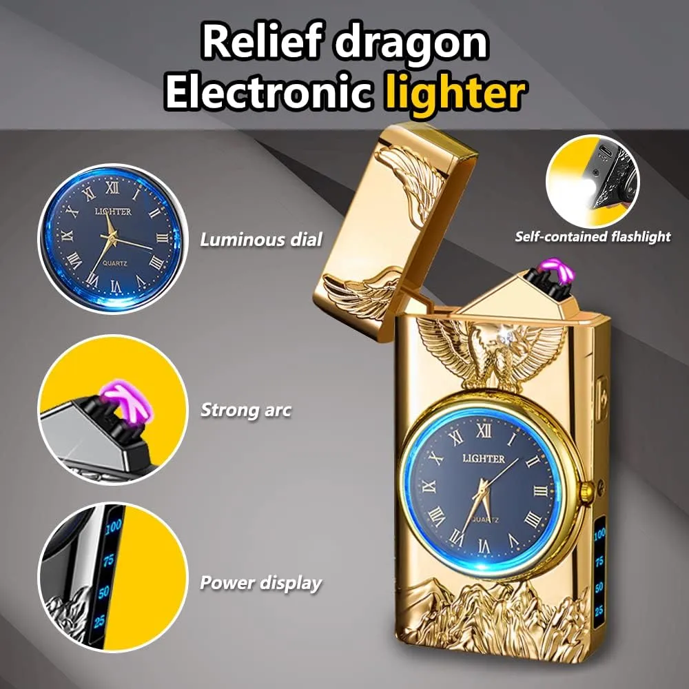 Watch Lighter, Electric Lighter, Dual Arc Plasma Lighter, USB Lighter Rechargeable with Battery Display, Cool Lighter with Clock & Flashlight, Unique Gift for Men and Women (Eagle Gold)