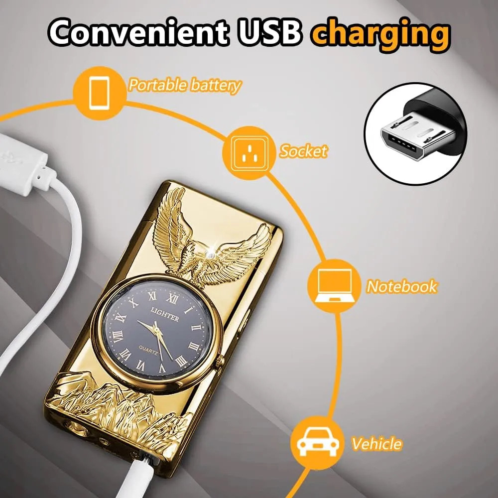 Watch Lighter, Electric Lighter, Dual Arc Plasma Lighter, USB Lighter Rechargeable with Battery Display, Cool Lighter with Clock & Flashlight, Unique Gift for Men and Women (Eagle Gold)