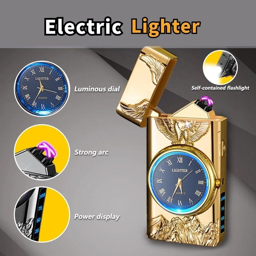 Watch Lighter, Electric Lighter, Dual Arc Plasma Lighter, USB Lighter Rechargeable with Battery Display, Cool Lighter with Clock & Flashlight, Unique Gift for Men and Women (Eagle Gold)
