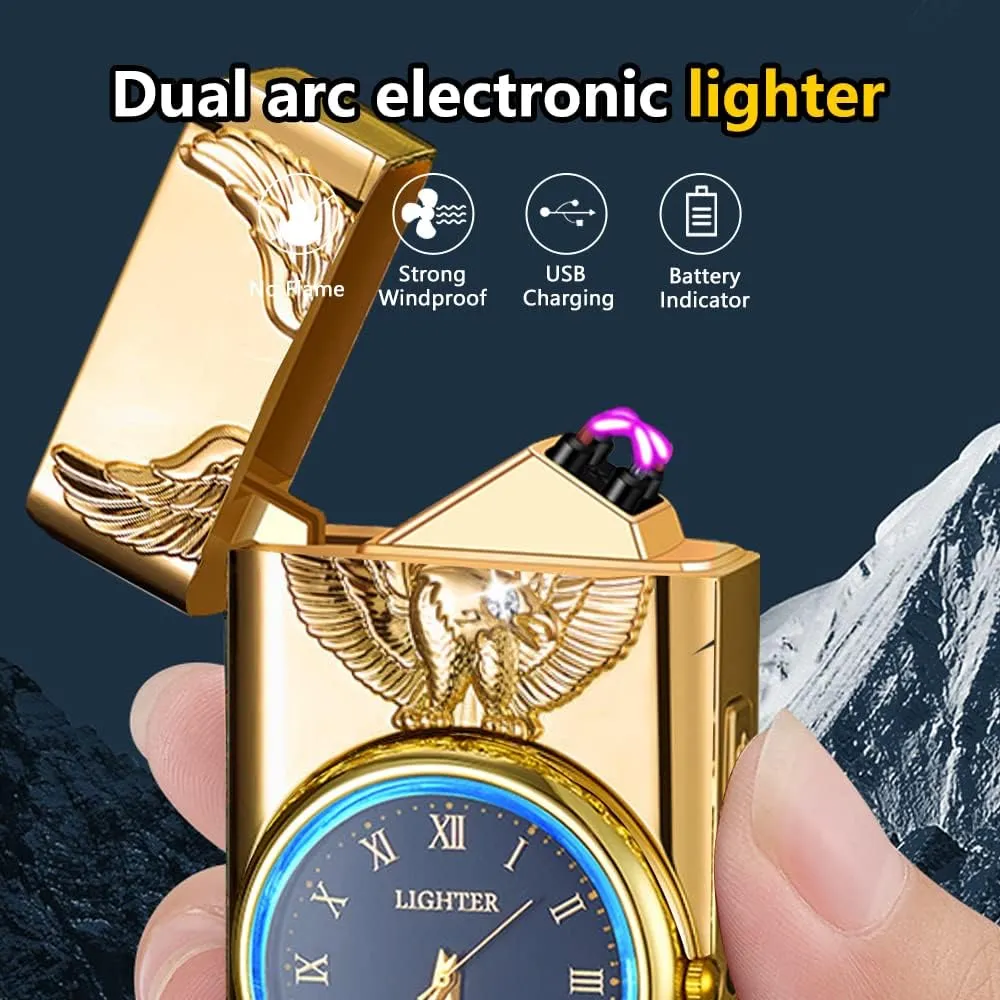 Watch Lighter, Electric Lighter, Dual Arc Plasma Lighter, USB Lighter Rechargeable with Battery Display, Cool Lighter with Clock & Flashlight, Unique Gift for Men and Women (Eagle Gold)
