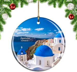 Weekino Blue Church Santorini Greece Christmas Ornament City Travel Souvenir Collection Double Sided Porcelain 2.85 Inch Hanging Tree Decoration