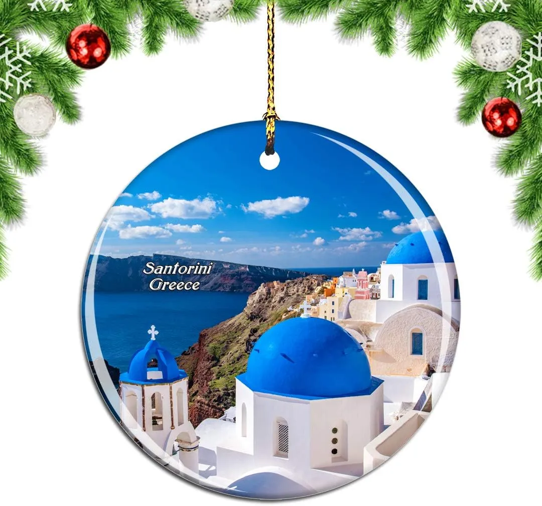 Weekino Blue Church Santorini Greece Christmas Ornament City Travel Souvenir Collection Double Sided Porcelain 2.85 Inch Hanging Tree Decoration