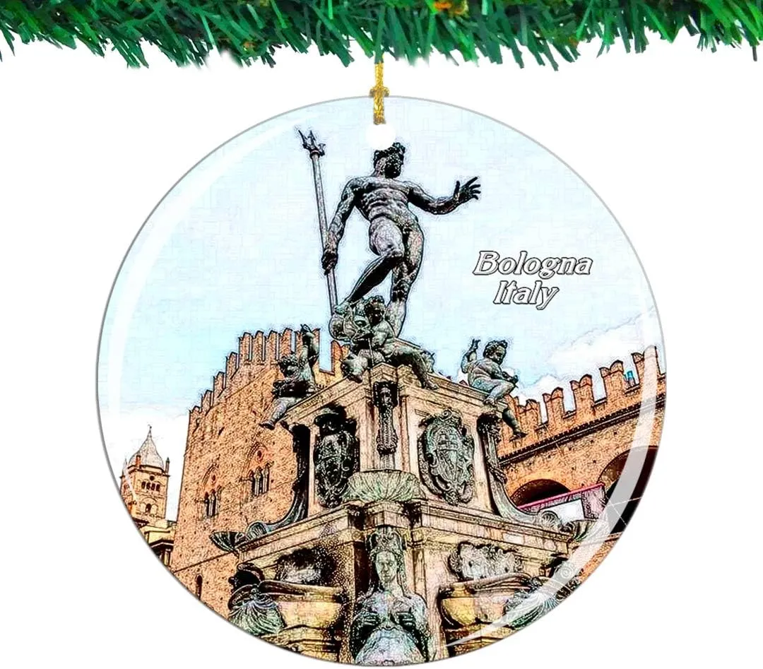 Weekino Italy Fountain of Neptune Bologna Christmas Ornament City Travel Souvenir Collection Double Sided Porcelain 2.85 Inch Hanging Tree Decoration