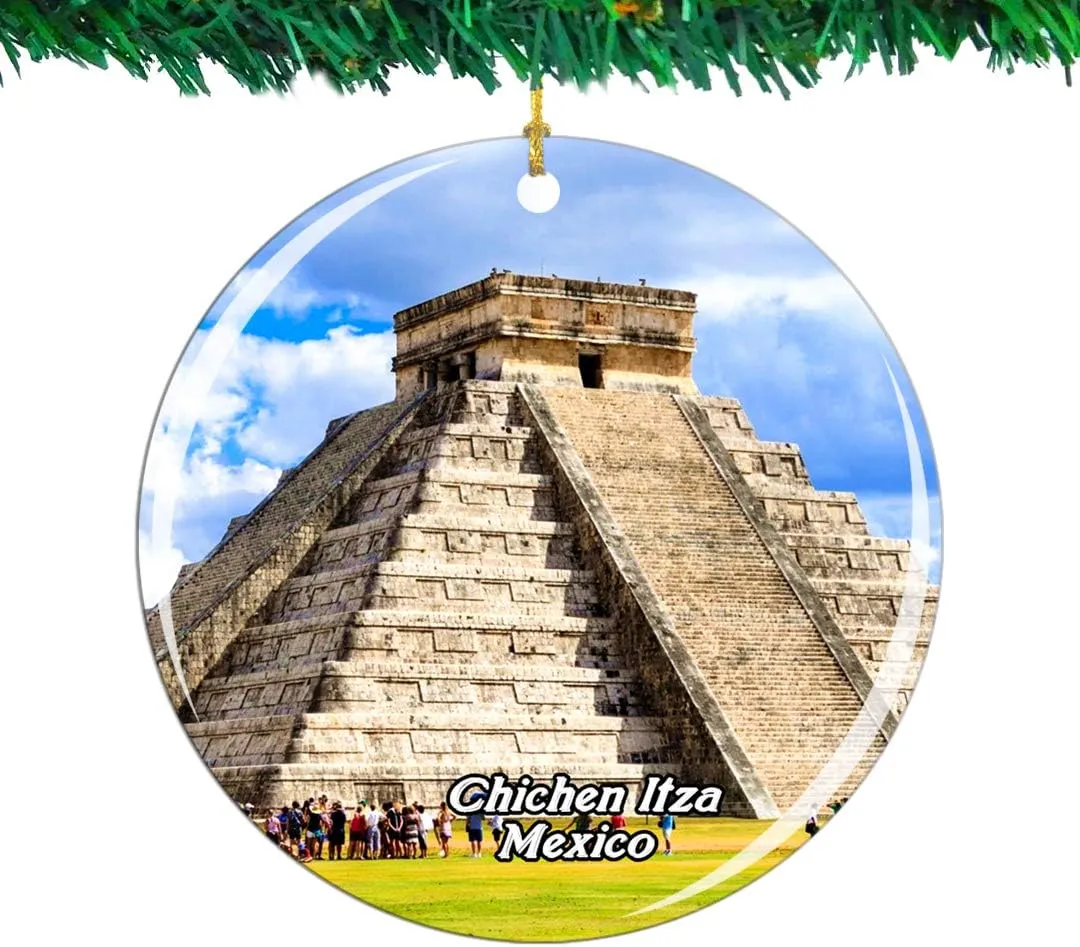 Weekino Mexico Chichen Itza Christmas Ornament City Travel Souvenir Collection Double Sided Porcelain 2.85 Inch Hanging Tree Decoration