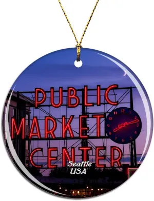 Weekino USA America Pike Place Market Seattle Christmas Xmas Tree Ornament Decoration Hanging Pendant Decor City Travel Souvenir Collection Double Sided Porcelain 2.85 Inch