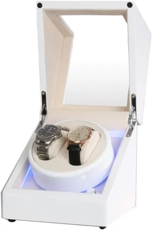 White Double Watch Winder Box for Automatic Watch Built-in LED Light Piano Paint Exterior Dual Power Supply Quiet Motor (D)