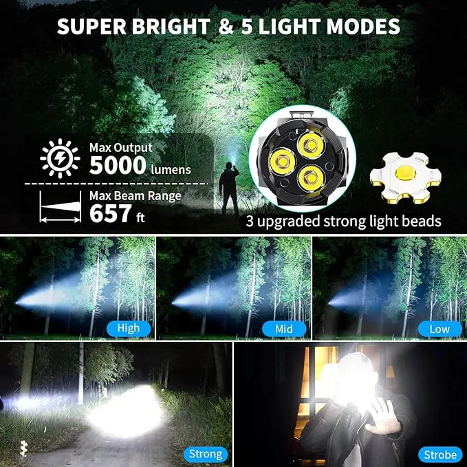Wind&Moon Mini Flashlight Rechargeable,5000 Lumens Small Flashlights Powerful Pocket Flash Light with Clip,Magnetic EDC Flash-Light 5 Modes for Outdoor, Camping, Hiking, Emergency (2 Pack)